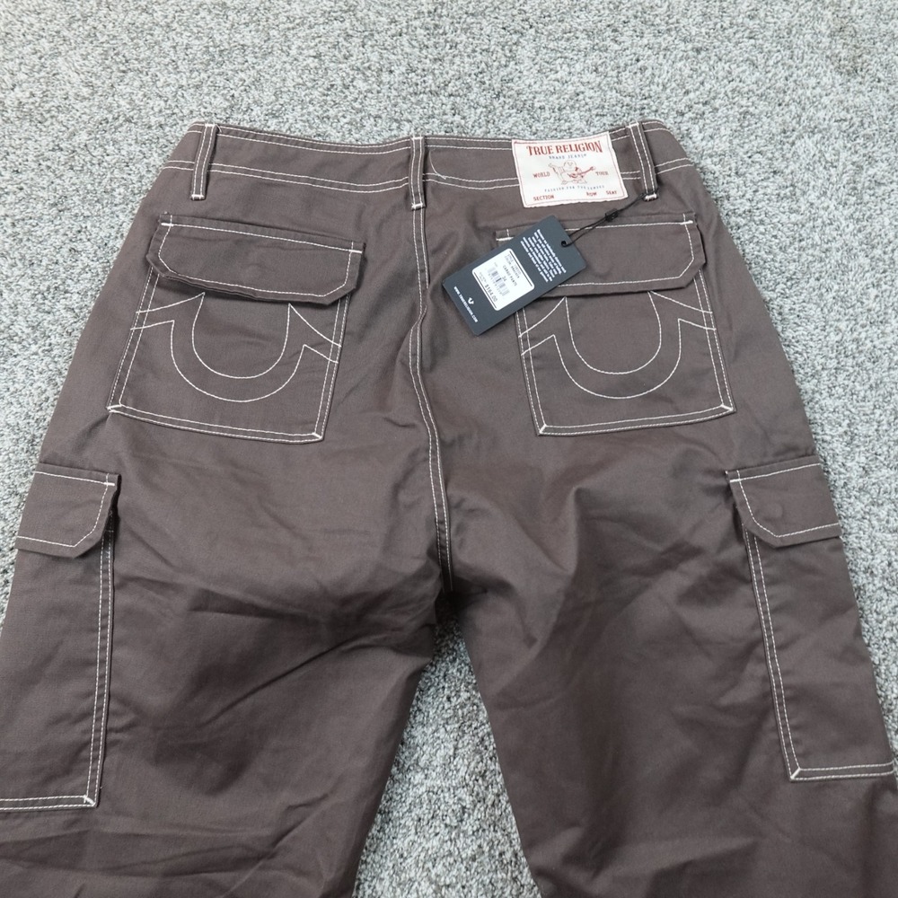 NEW True Religion Pants Mens 34X33 Brown Cargo Baggy Contrast Stitch Flap Pocket